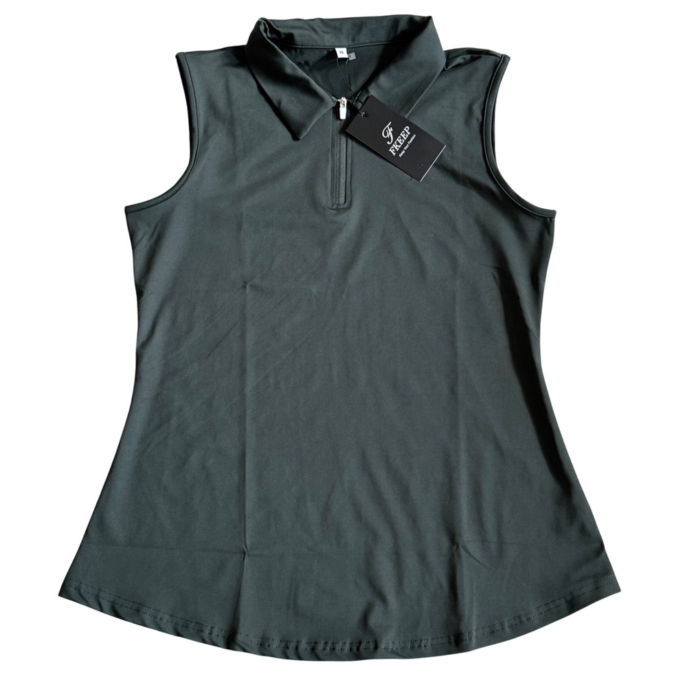 FKEEP Womens Sleeveless Polo Shirt Hunter Green Quarter Zip Golf Tennis Top M